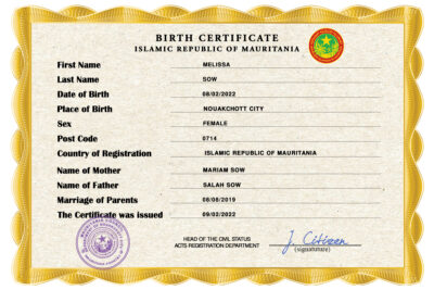 Mauritania birth certificate PSD template, completely editable