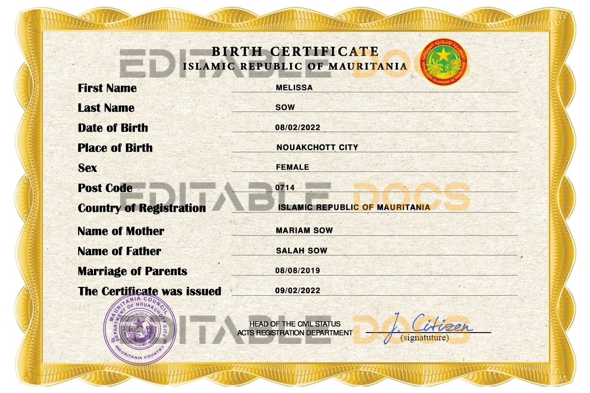 Authentic Mauritania Birth Certificate Template | Customize and Download Online