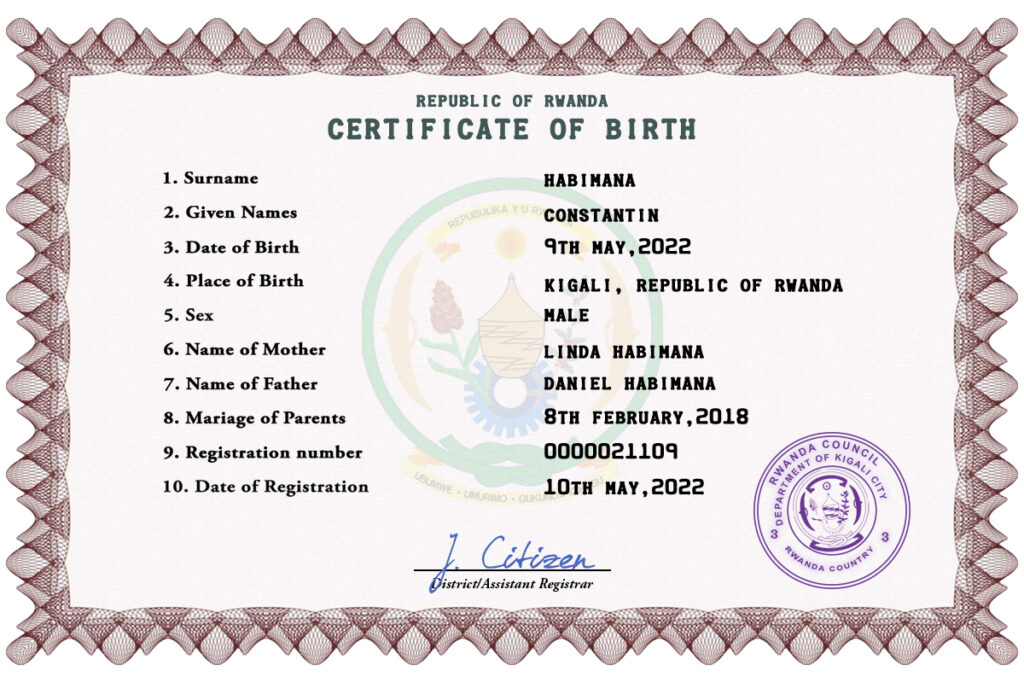 Authentic Rwanda Birth Certificate Template | Customize and Download Online