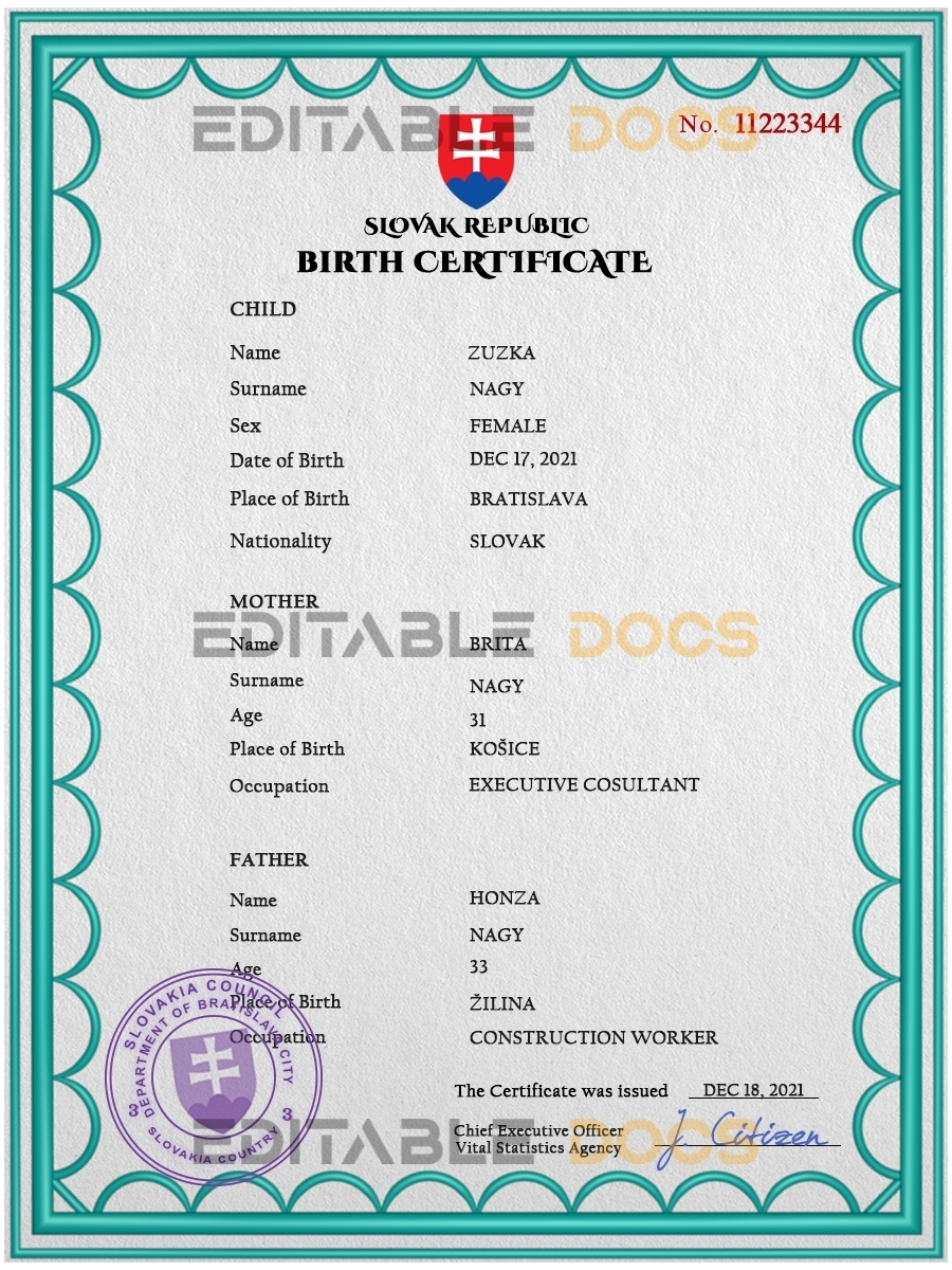 Authentic Slovakia Birth Certificate Template | Customize and Download Online