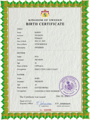 Sweden vital record birth certificate PSD template, fully editable