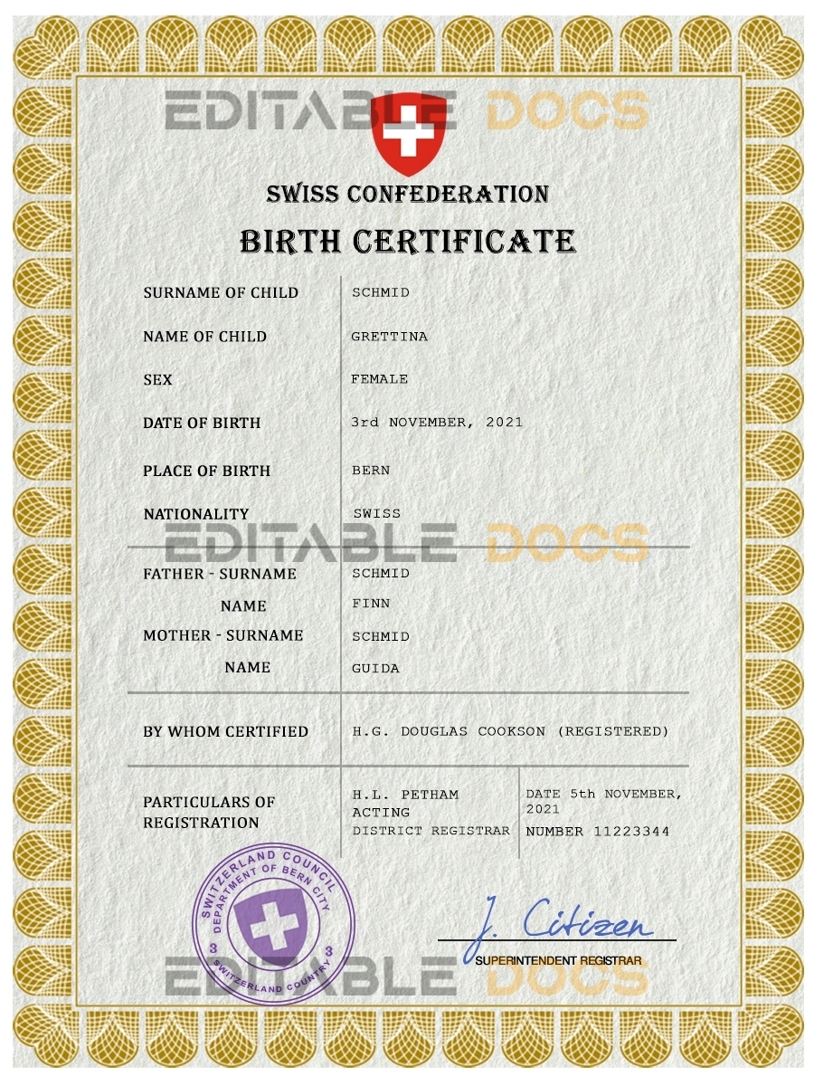 Authentic Switzerland Birth Certificate Template | Customize and Download Online