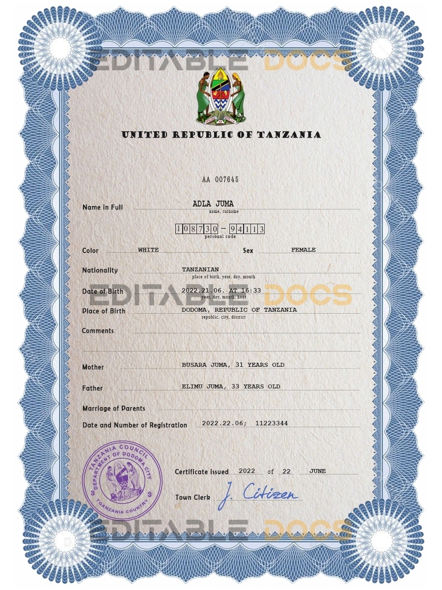Authentic Tanzania Birth Certificate Template | Customize and Download Online