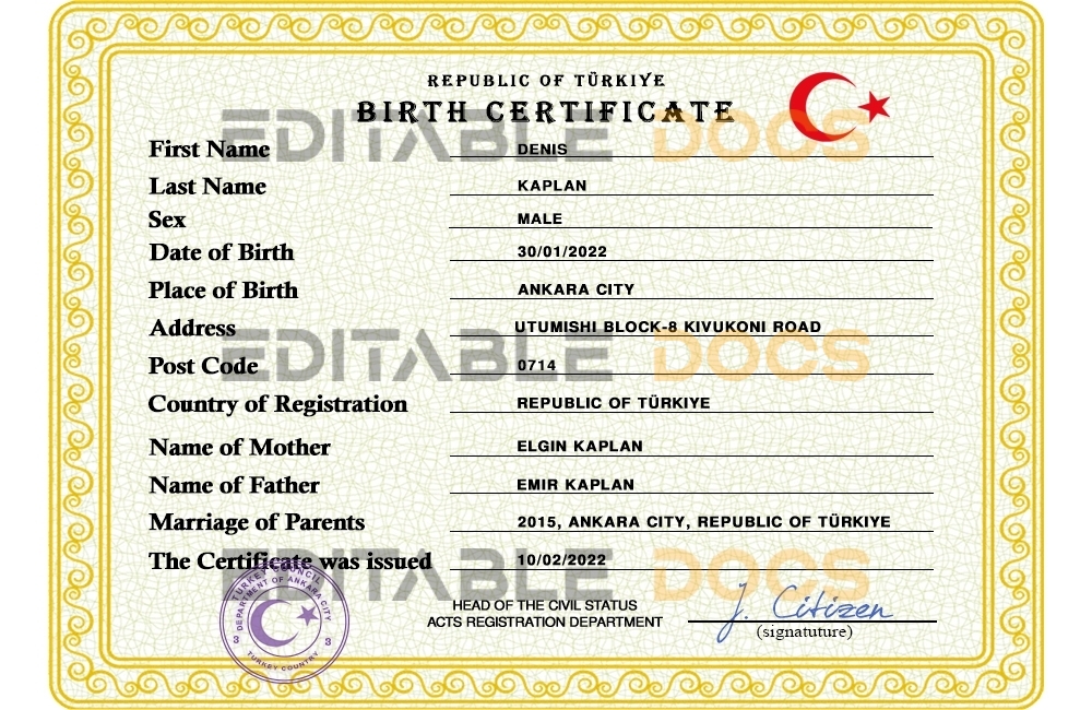 Turkey birth certificate PSD template, completely editable
