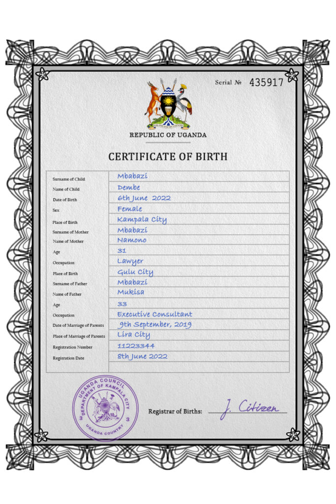 Authentic Uganda Birth Certificate Template | Customize and Download Online