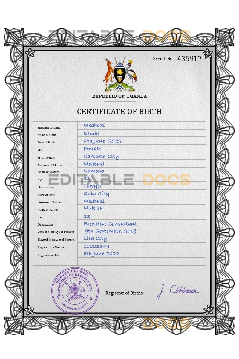 Authentic Uganda Birth Certificate Template | Customize and Download Online