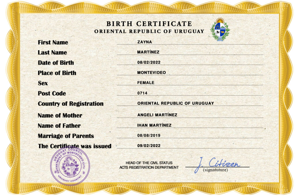 Authentic Uruguay Birth Certificate Template | Customize and Download Online