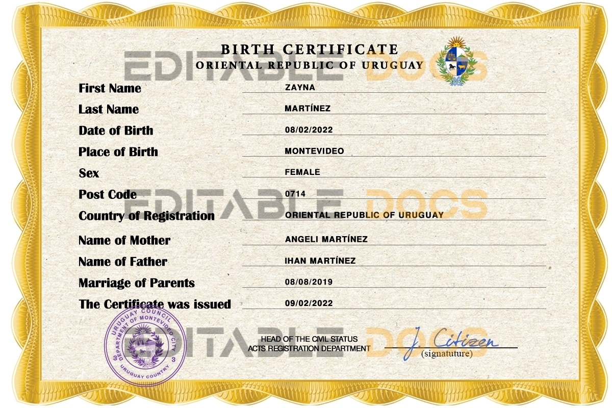 Authentic Uruguay Birth Certificate Template | Customize and Download Online