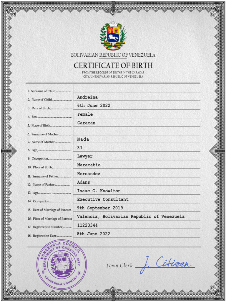 Authentic Venezuela Birth Certificate Template Customize and Download Online