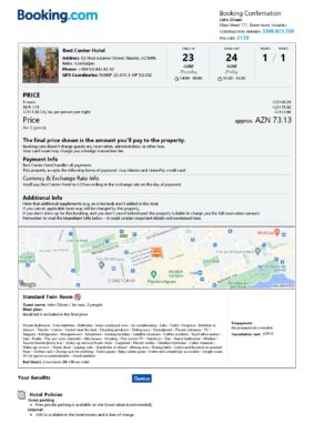 Editable Azerbaijan Hotel Booking Form Template | Fillable PDF