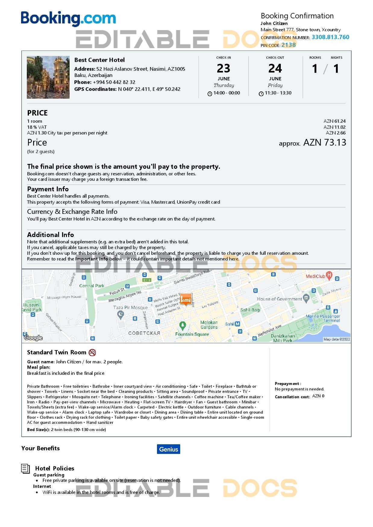 Editable Azerbaijan Hotel Booking Form Template | Fillable PDF