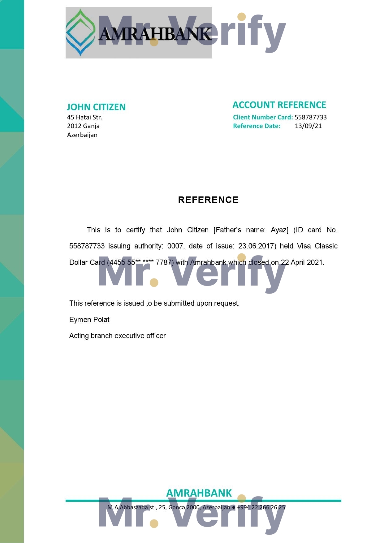 Download Azerbaijan Amrahbank Bank Reference Letter Templates | Editable Word