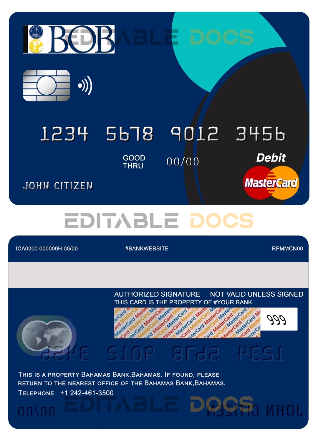 Editable Bahamas Bank of the Bahamas bank mastercard debit card Templates in PSD Format
