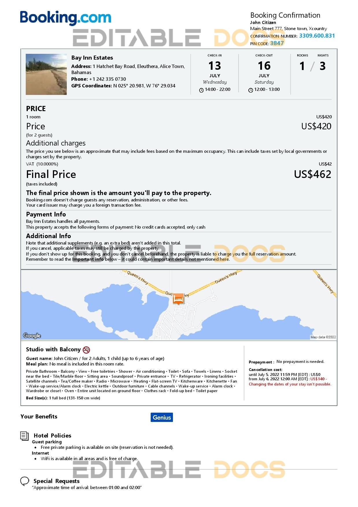 Editable Bahamas Hotel Booking Form Template | Fillable PDF