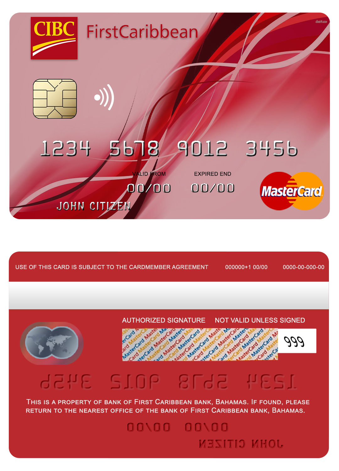 Editable Bahamas First Caribbean bank mastercard credit card Templates in PSD Format