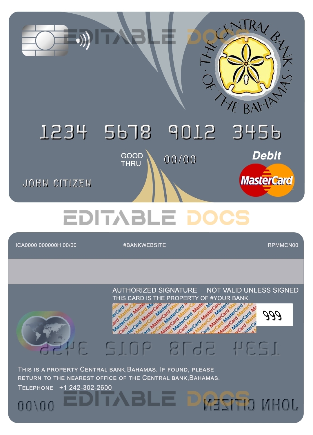 Editable Bahamas The Central bank mastercard debit card Templates in PSD Format