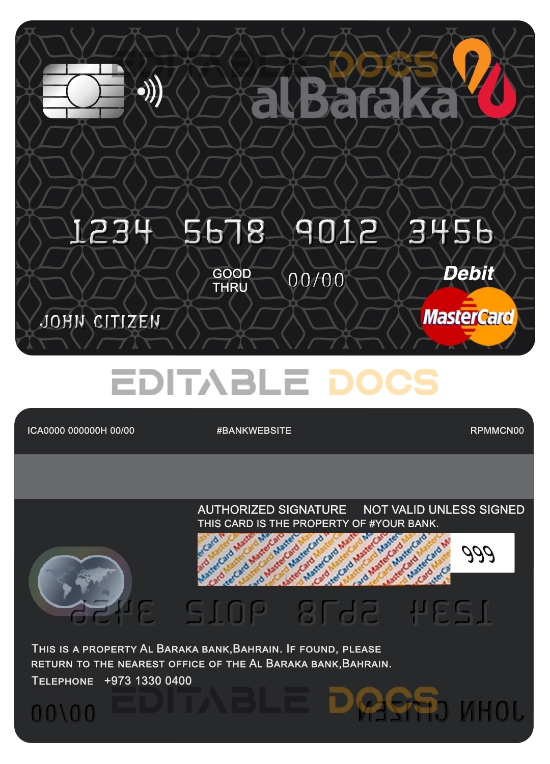 Editable Bahrain Al Baraka bank mastercard debit card Templates in PSD Format