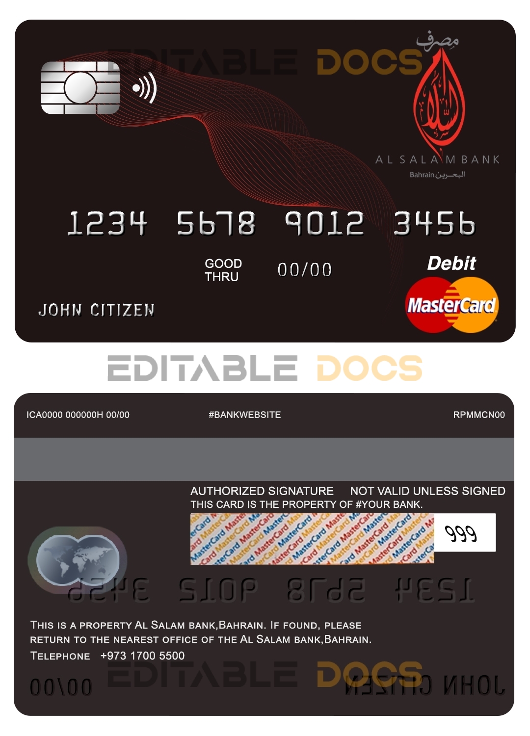 Editable Bahrain Al Salam Bank mastercard debit card Templates in PSD Format