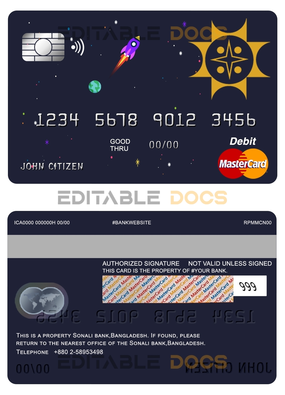 Editable Bangladesh Sonali Bank mastercard debit card Templates in PSD Format