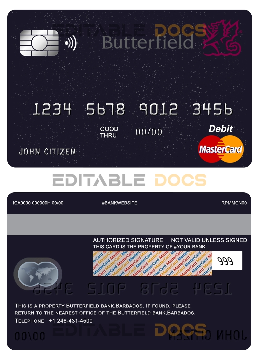 Editable Barbados Butterfield bank mastercard debit card Templates in PSD Format