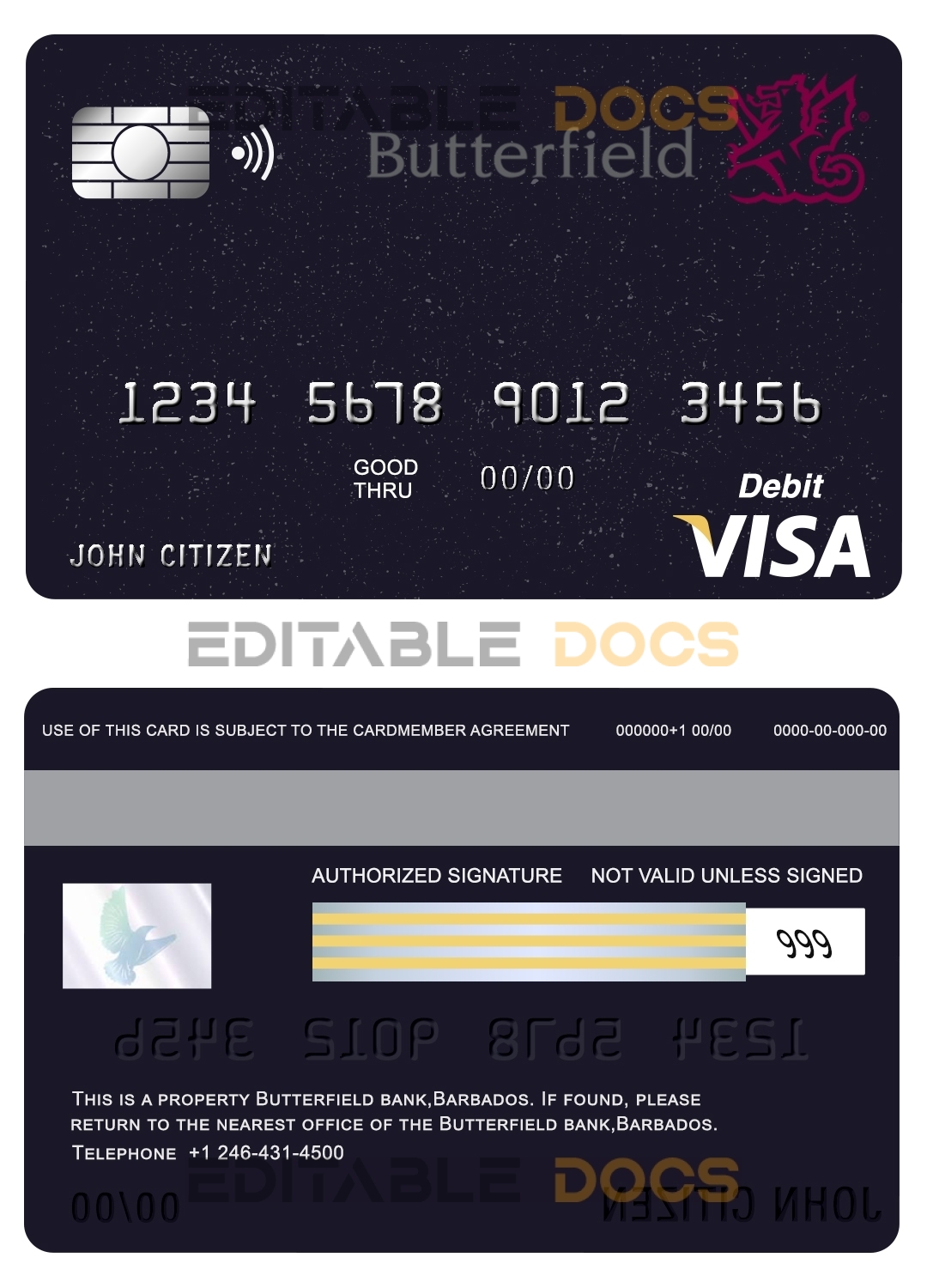 Fillable Barbados Butterfield bank visa card debit card Templates | Layer-Based PSD