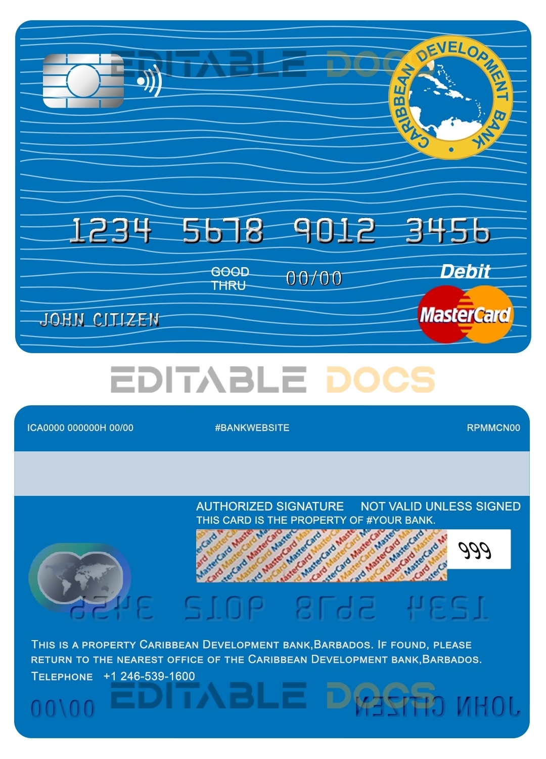 Editable Barbados Caribbean Development Bank mastercard debit card Templates in PSD Format