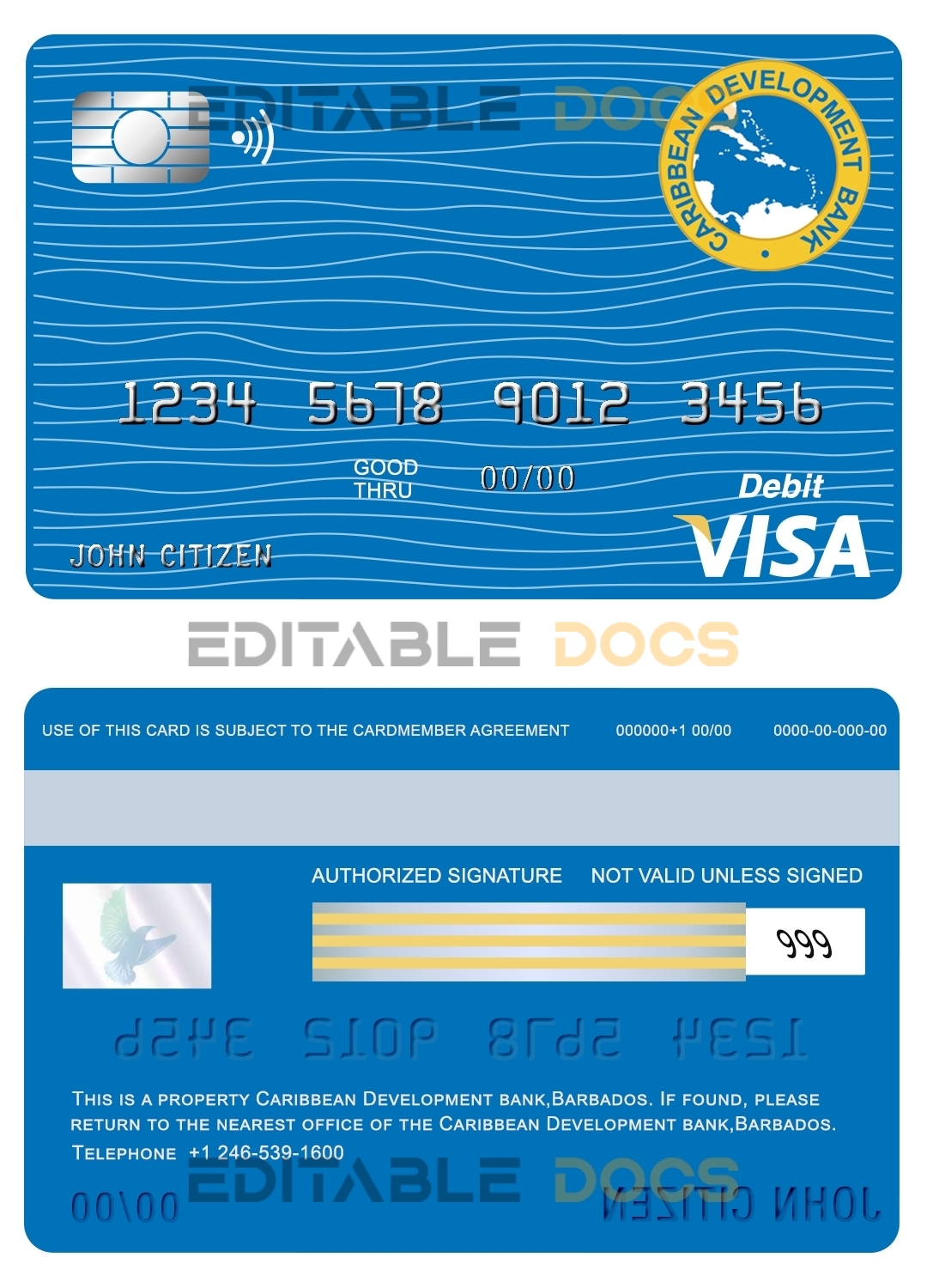 Editable Barbados Caribbean Development Bank visa card debit card Templates in PSD Format