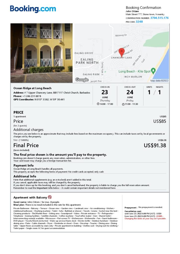 Editable Barbados Hotel Booking Form Template | Fillable PDF