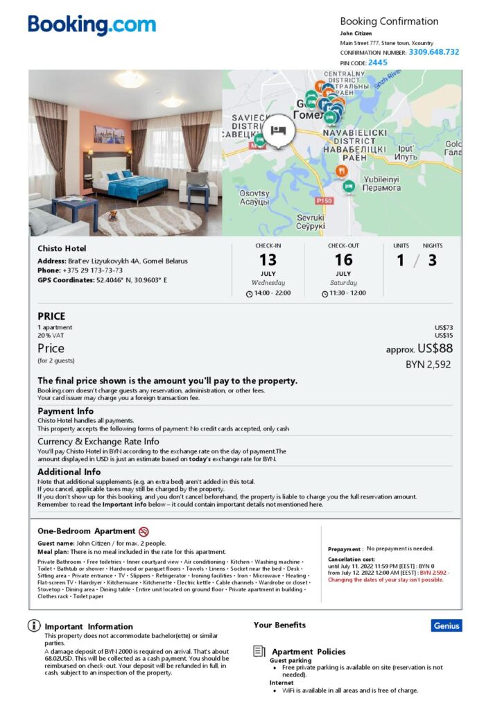 Editable Belarus Hotel Booking Form Template | Fillable PDF