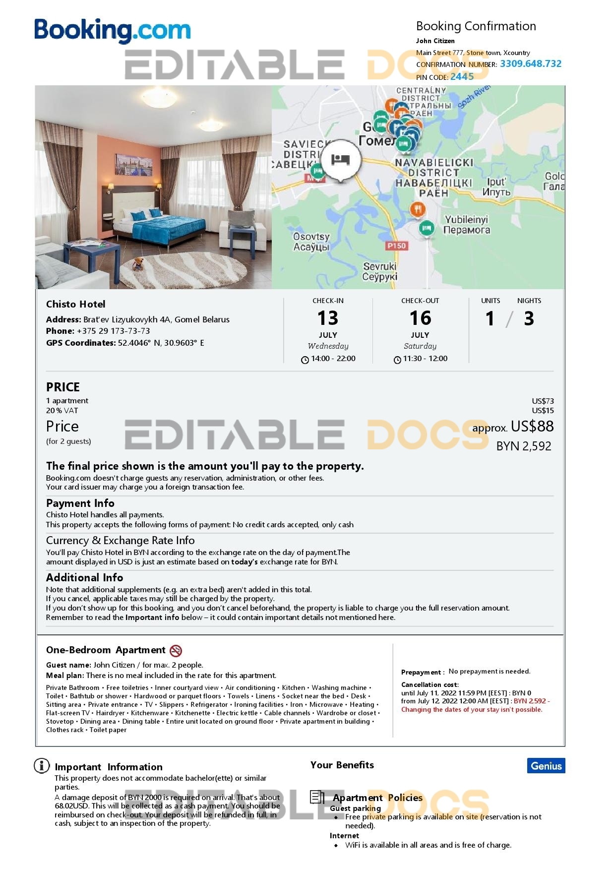 Editable Belarus Hotel Booking Form Template | Fillable PDF