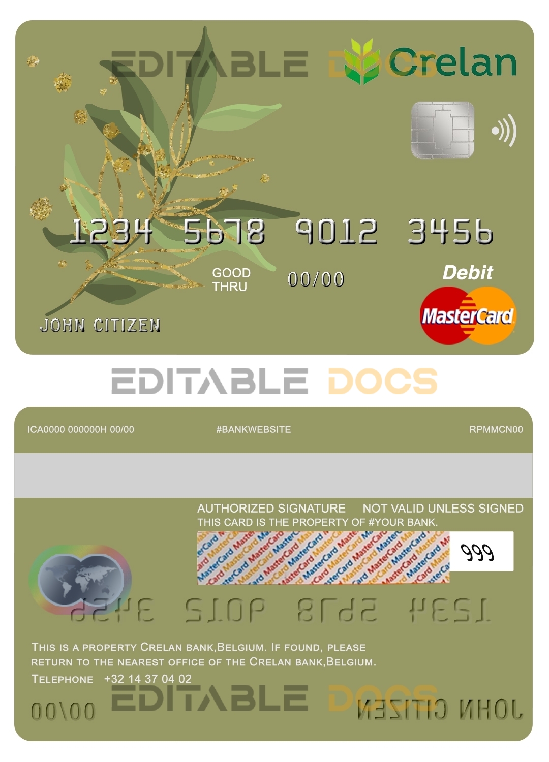 Fillable Belgium Crelan bank mastercard debit card Templates | Layer-Based PSD