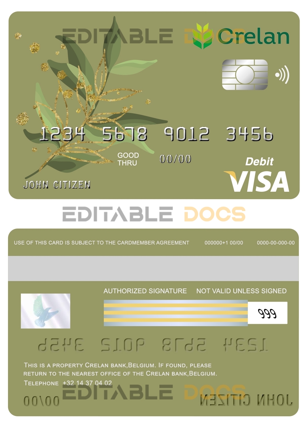 Editable Belgium Crelan bank visa card debit card Templates in PSD Format