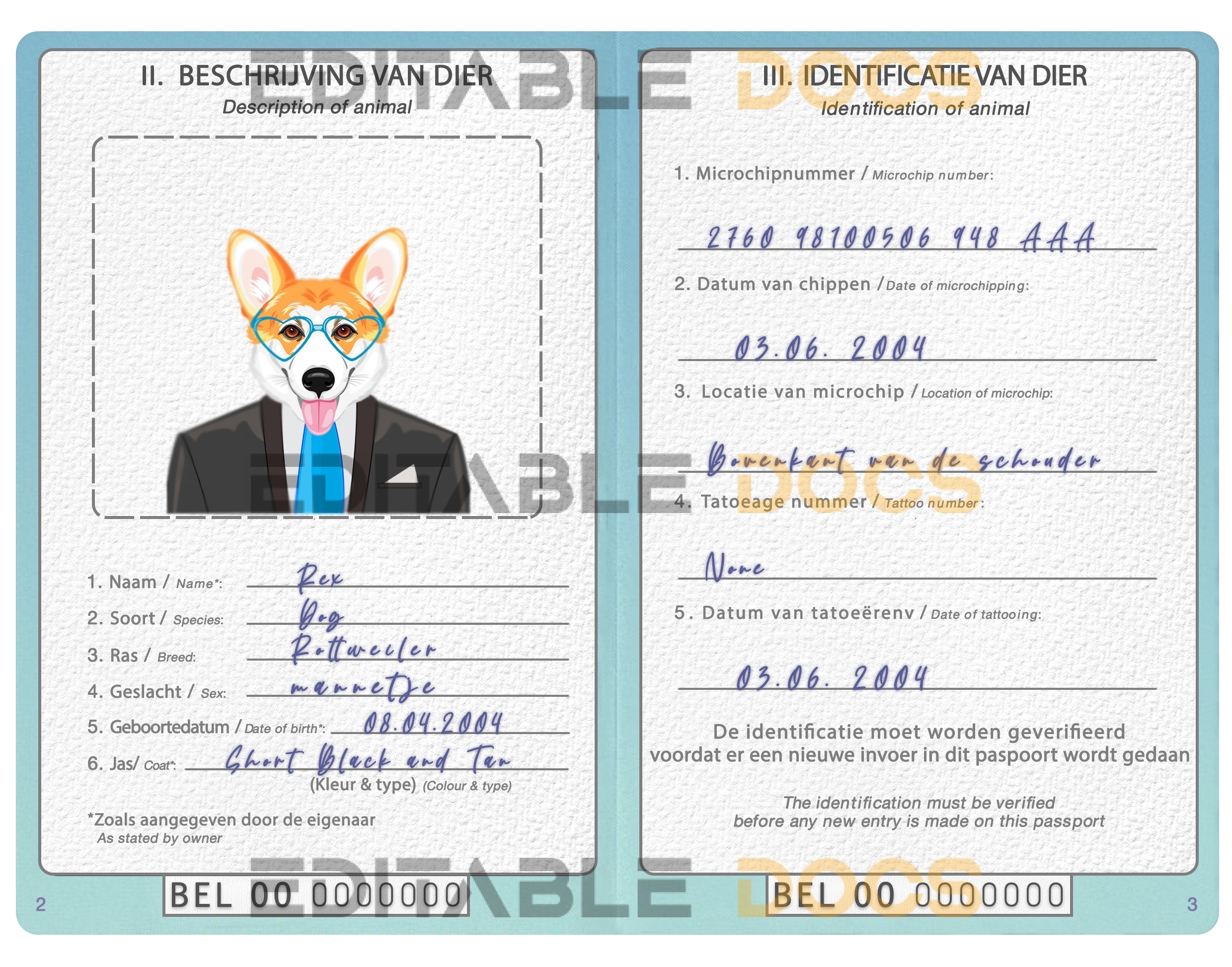 Belgium dog Fake PSD Passport | Instant Download