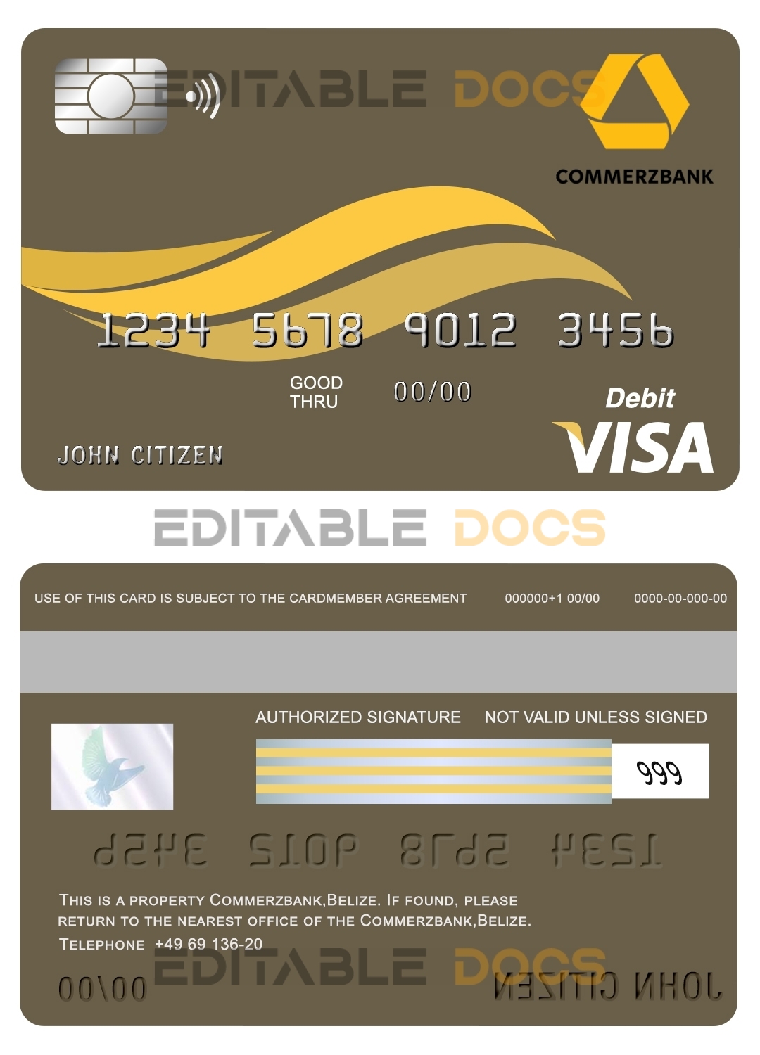 Editable Belize Commerzbank visa card debit card Templates in PSD Format