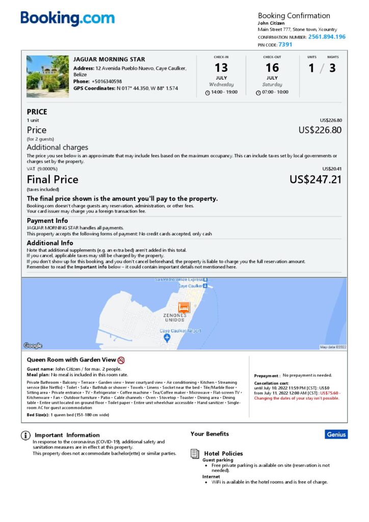 Editable Belize Hotel Booking Form Template | Fillable PDF