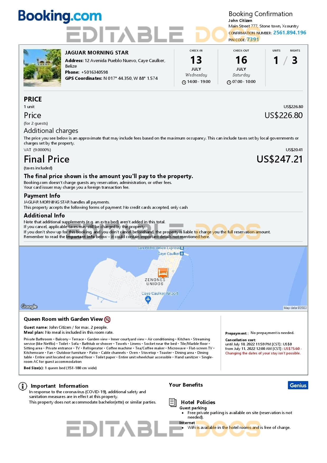 Editable Belize Hotel Booking Form Template | Fillable PDF