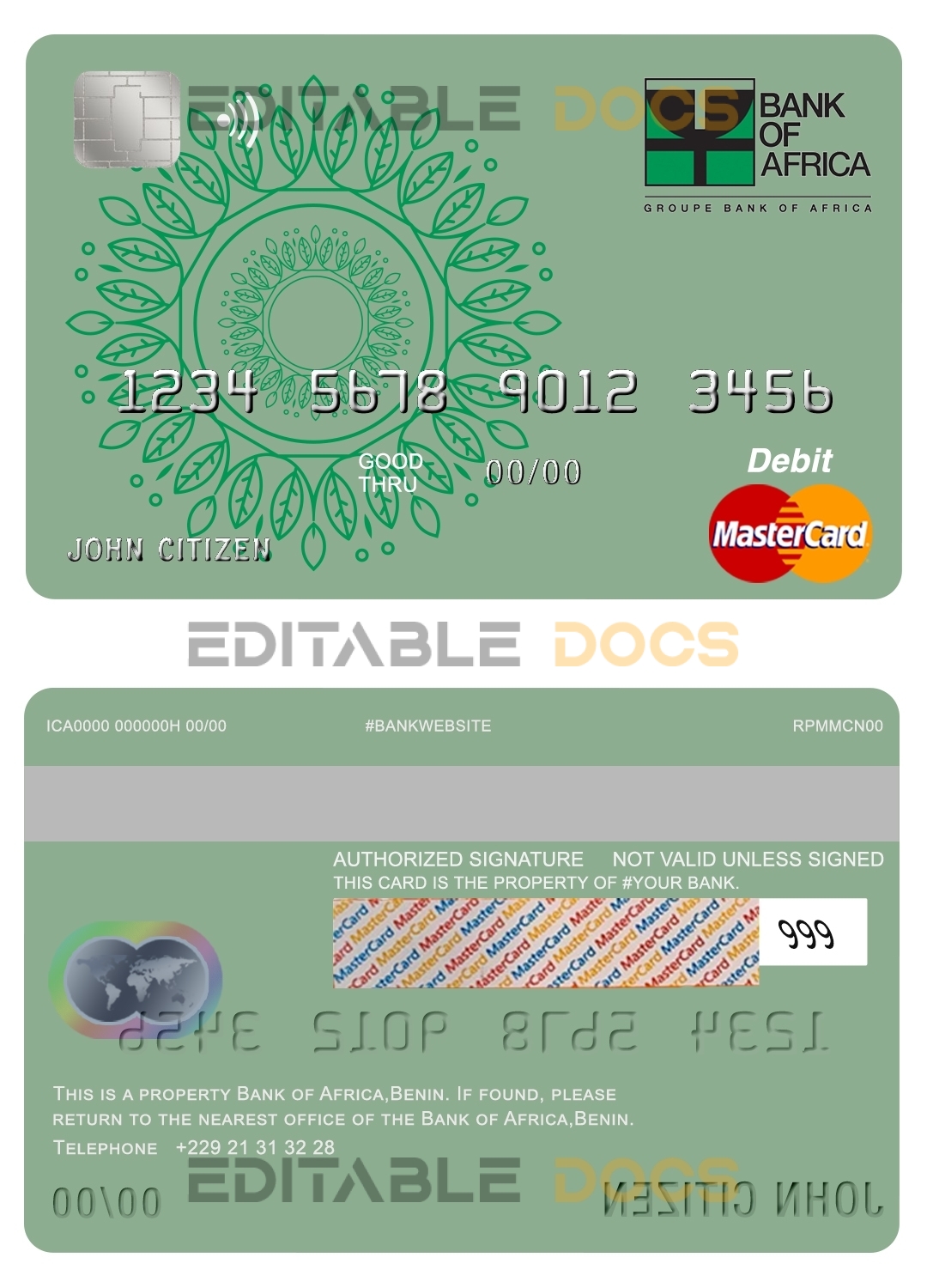 Fillable Benin Bank of Africa mastercard debit card Templates | Layer-Based PSD