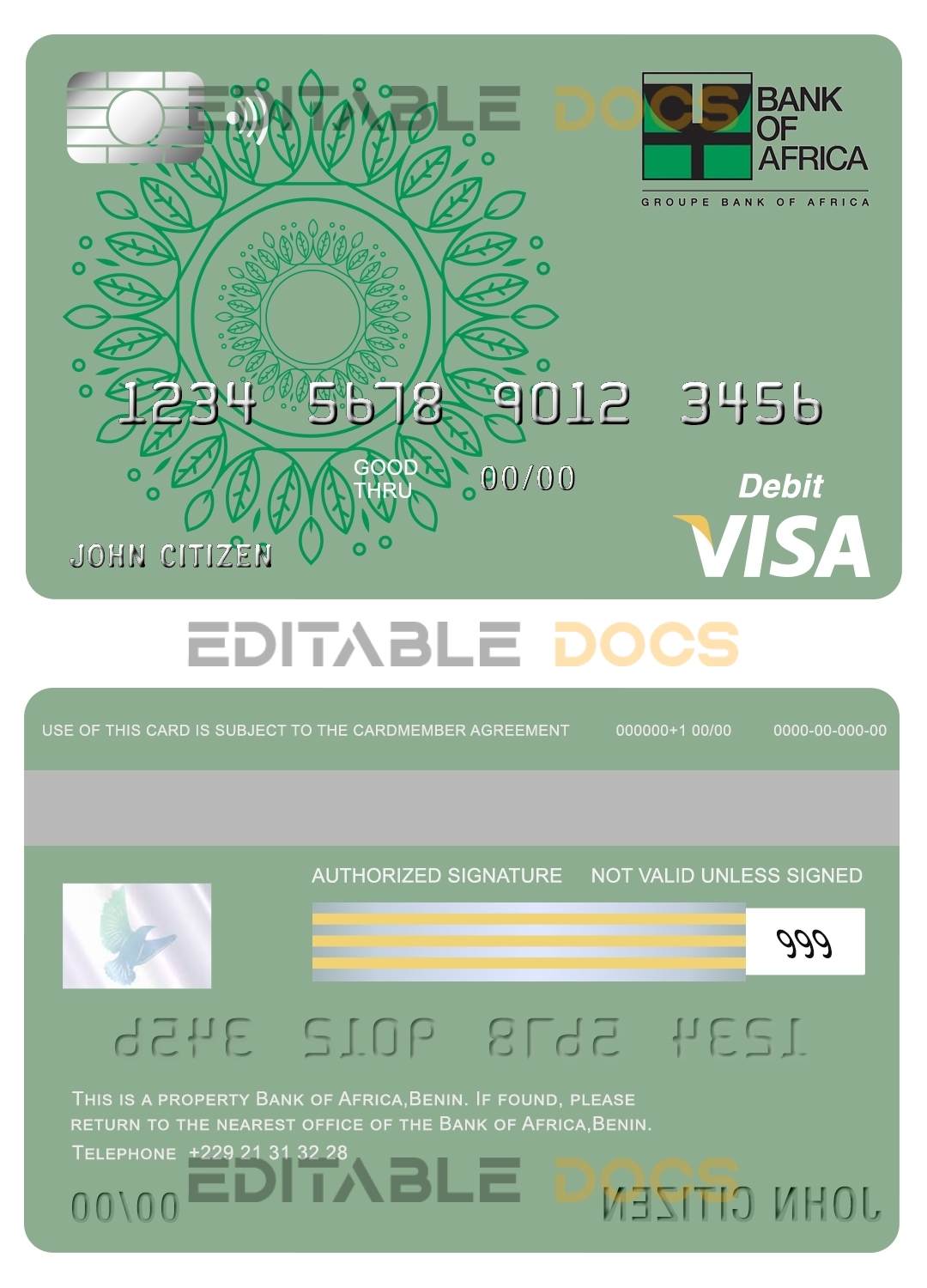 Editable Benin Bank of Africa visa card debit card Templates in PSD Format