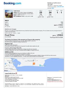 Editable Benin Hotel Booking Form Template | Fillable PDF
