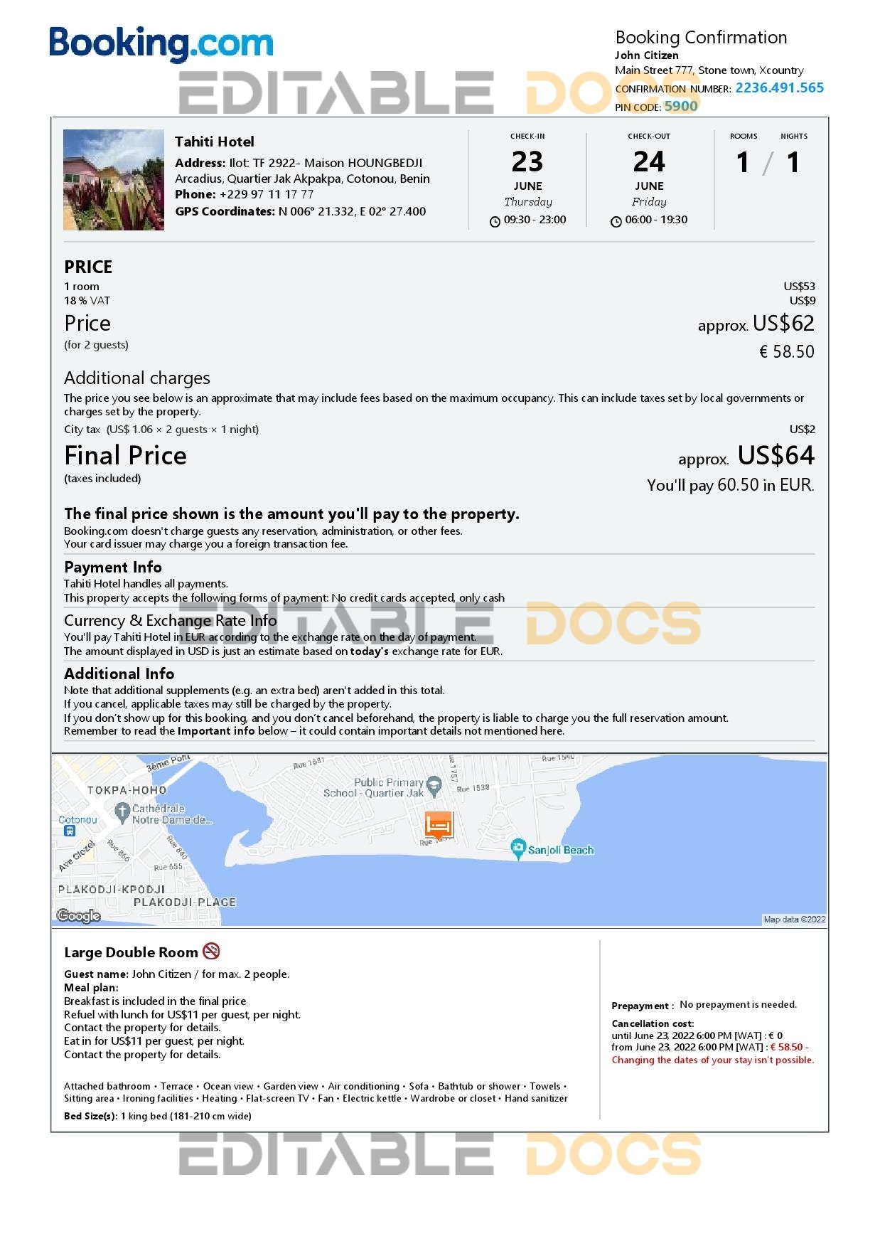 Editable Benin Hotel Booking Form Template | Fillable PDF