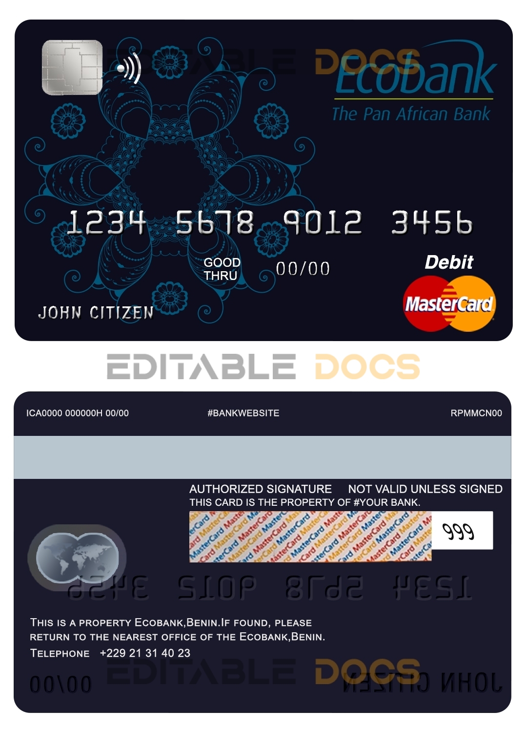 Editable Benin Ecobank mastercard debit card Templates in PSD Format