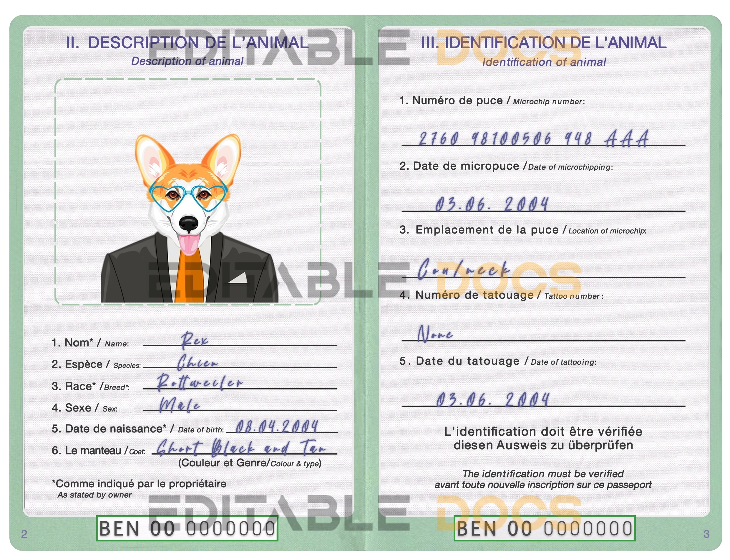 Benin dog Fake PSD Passport | Instant Download
