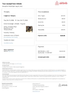 Customizable Bhutan Airbnb Reservation Template | Word & PDF Formats
