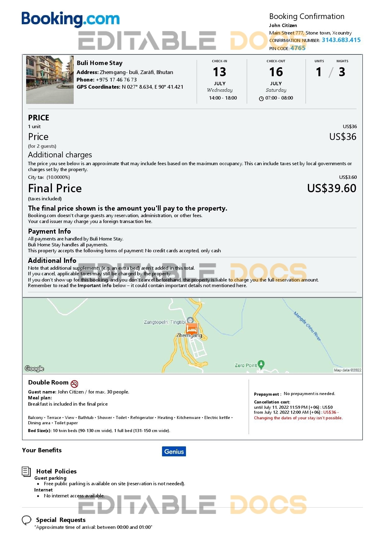 Editable Bhutan Hotel Booking Form Template | Fillable PDF