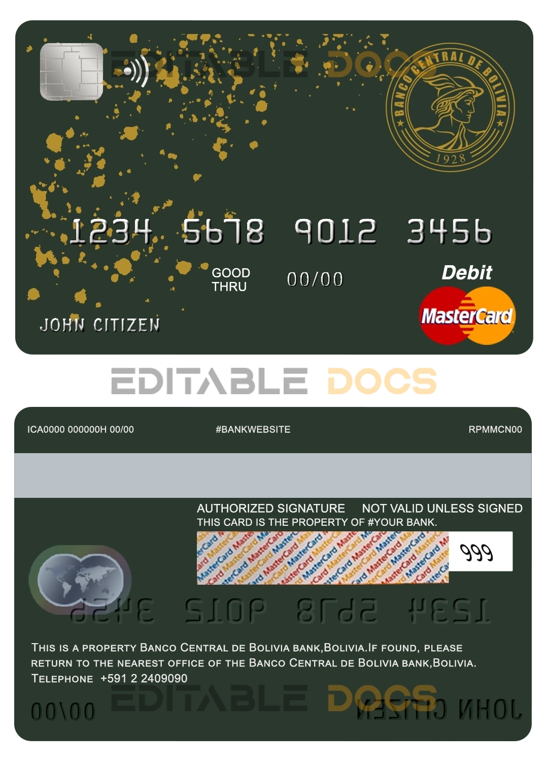 Fillable Bolivia Banco Central de Bolivia bank mastercard debit card Templates | Layer-Based PSD