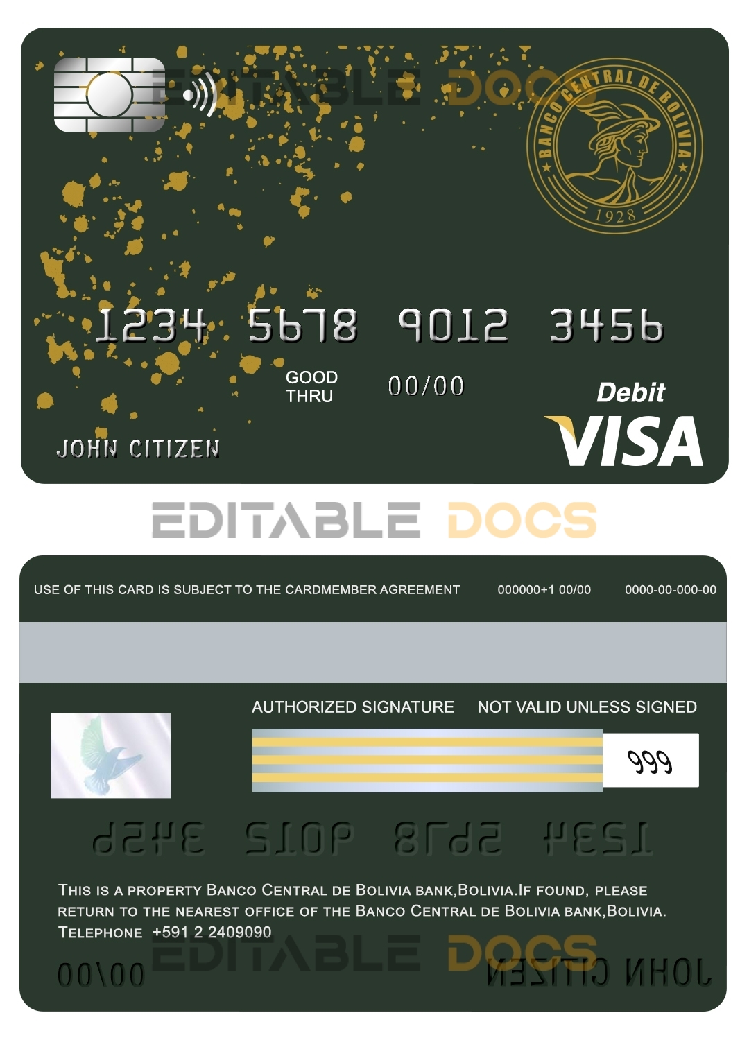 Editable Bolivia Banco Central de Bolivia bank visa card debit card Templates in PSD Format