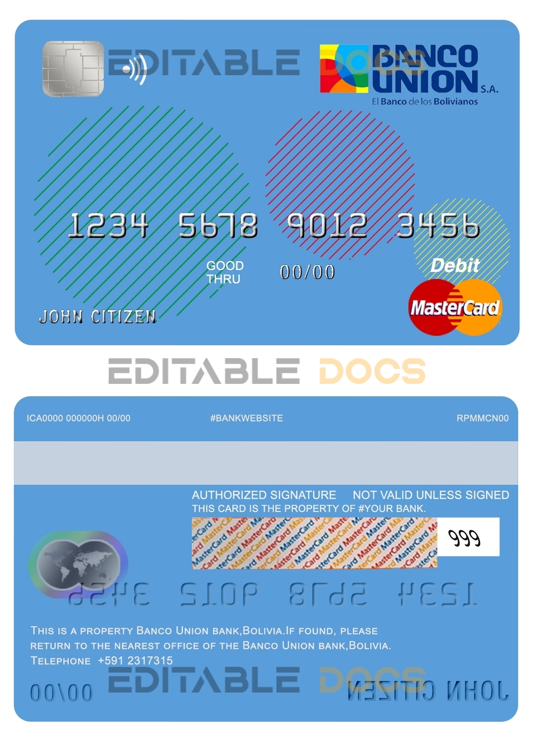 Fillable Bolivia Banco Union bank mastercard debit card Templates | Layer-Based PSD