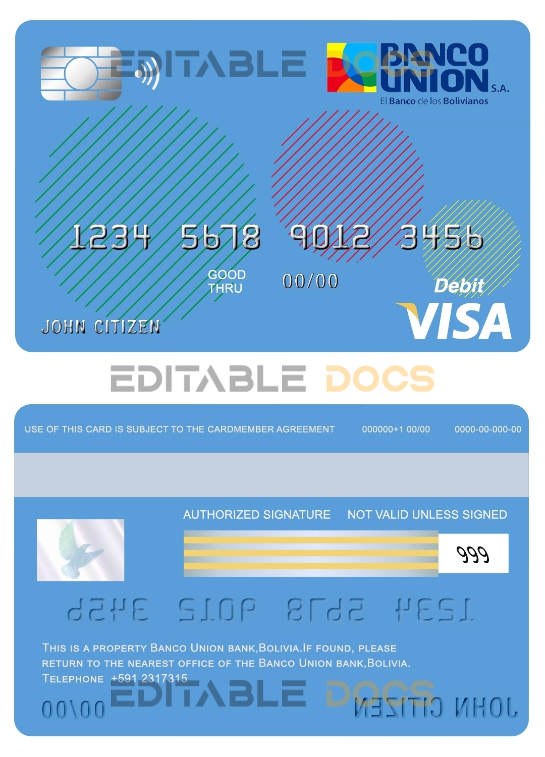 Editable Bolivia Banco Union bank visa card debit card Templates in PSD Format
