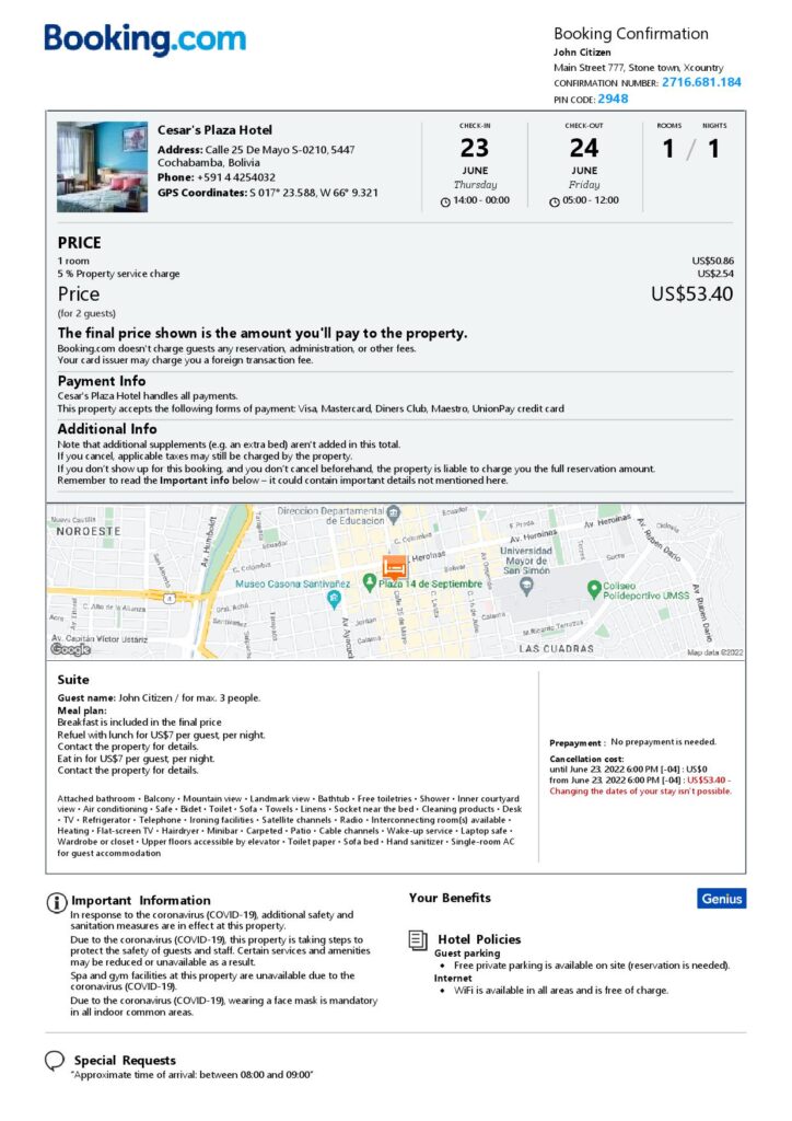 Editable Bolivia Hotel Booking Form Template | Fillable PDF
