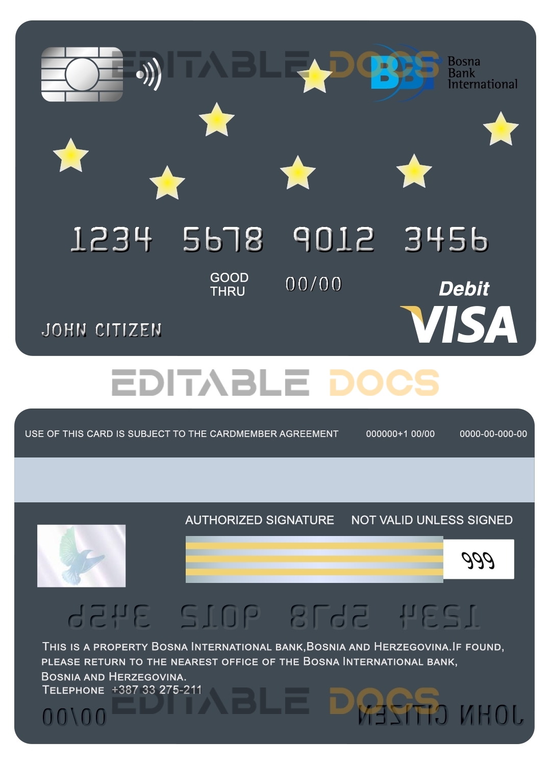 Editable Bosnia and Herzegovina Bosna Bank International bank visa card debit card Templates in PSD Format